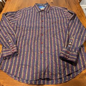 Robert Graham Red Blue Gold Striped Paisley Long Sleeve Button Up Shirt Size 2XL